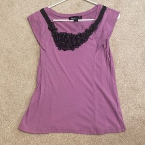 Forever 21 lilac top with black leather floral neckline